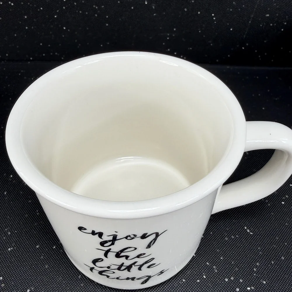 Pottery Barn White Ceramic Mugs Set Warm & Cozy Enjoy The Little Things 2pc